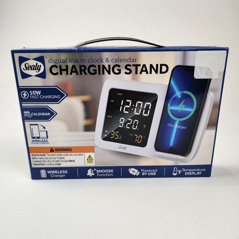 Sealy Wireless Charging Stand Alarm Clock Calendar Temperature Display 10W USB-C